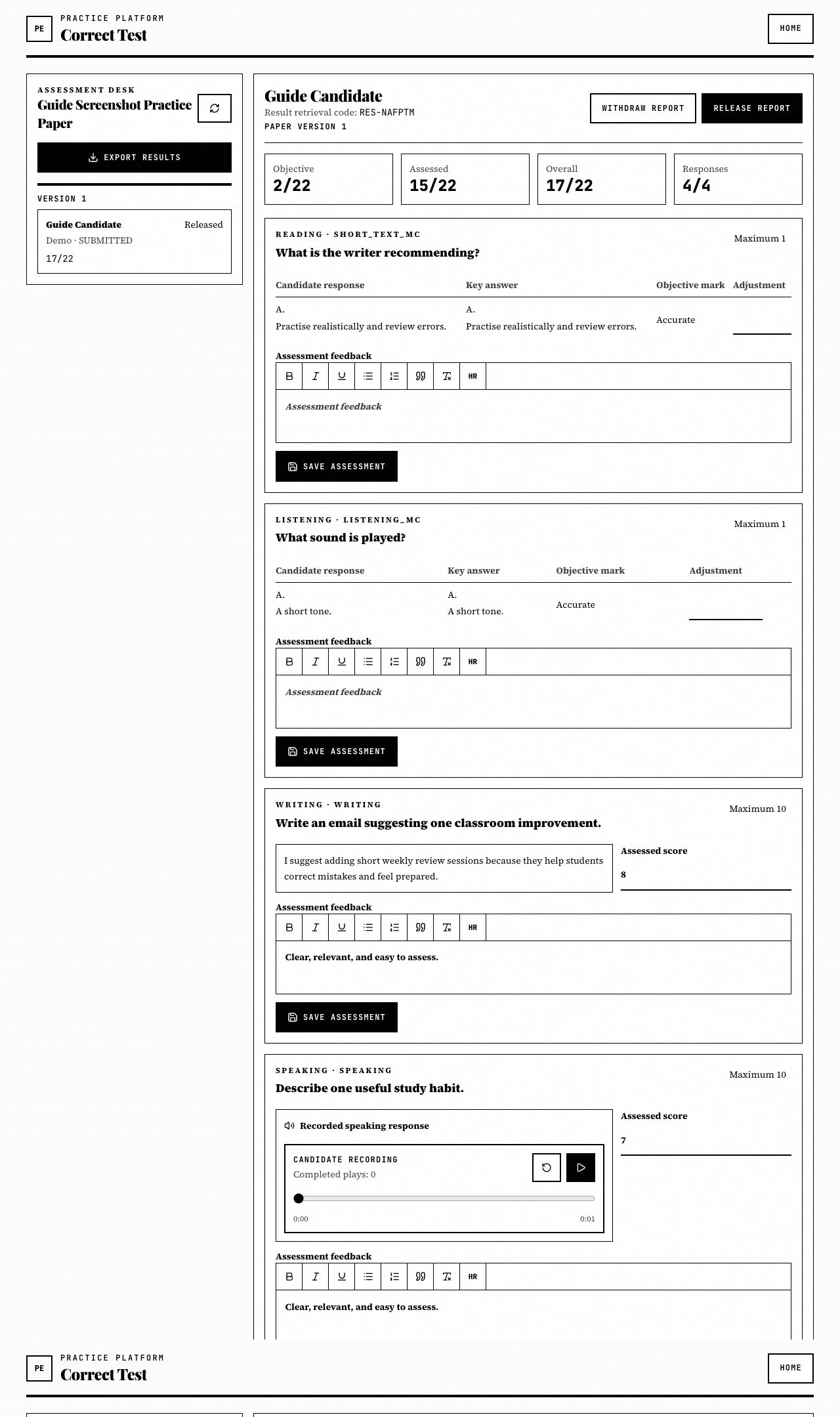 Assessment desk with candidate submissions and scoring tools