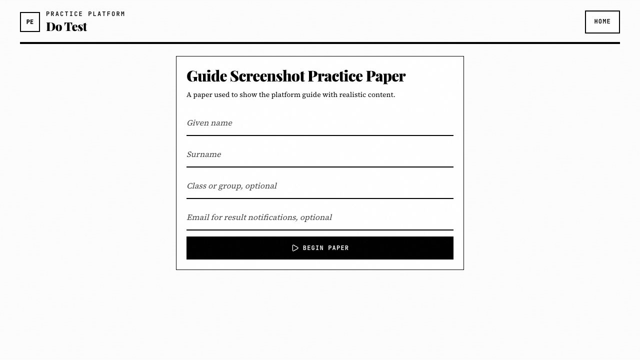 Candidate entry page before beginning a paper