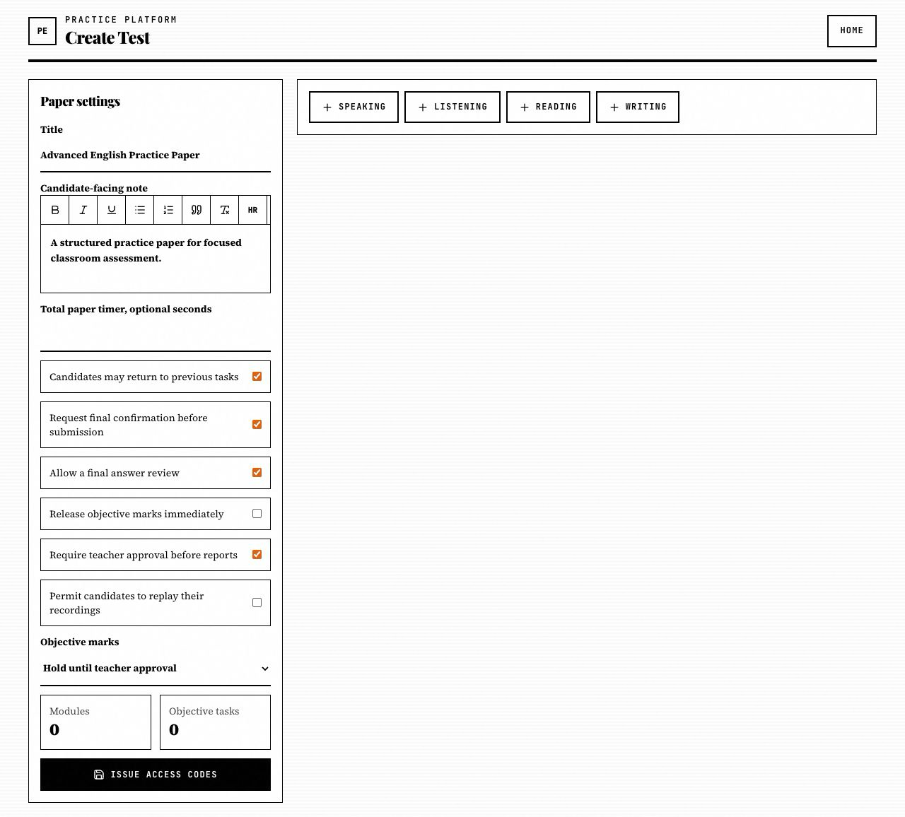 Create Test page with an empty module builder