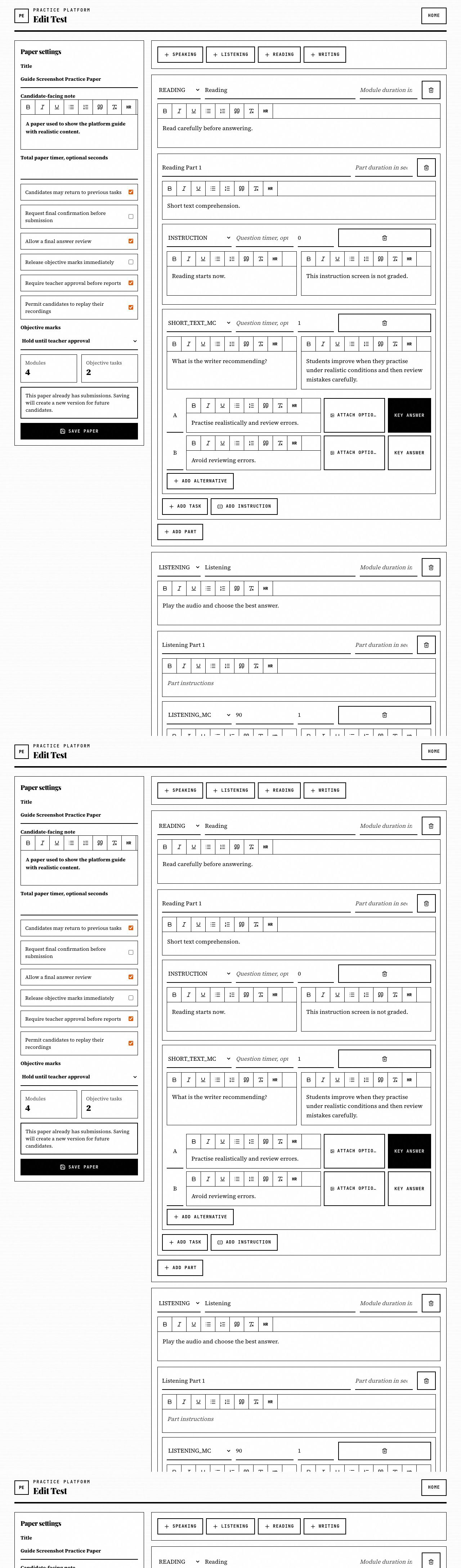 Edit Test page showing version-aware paper editing