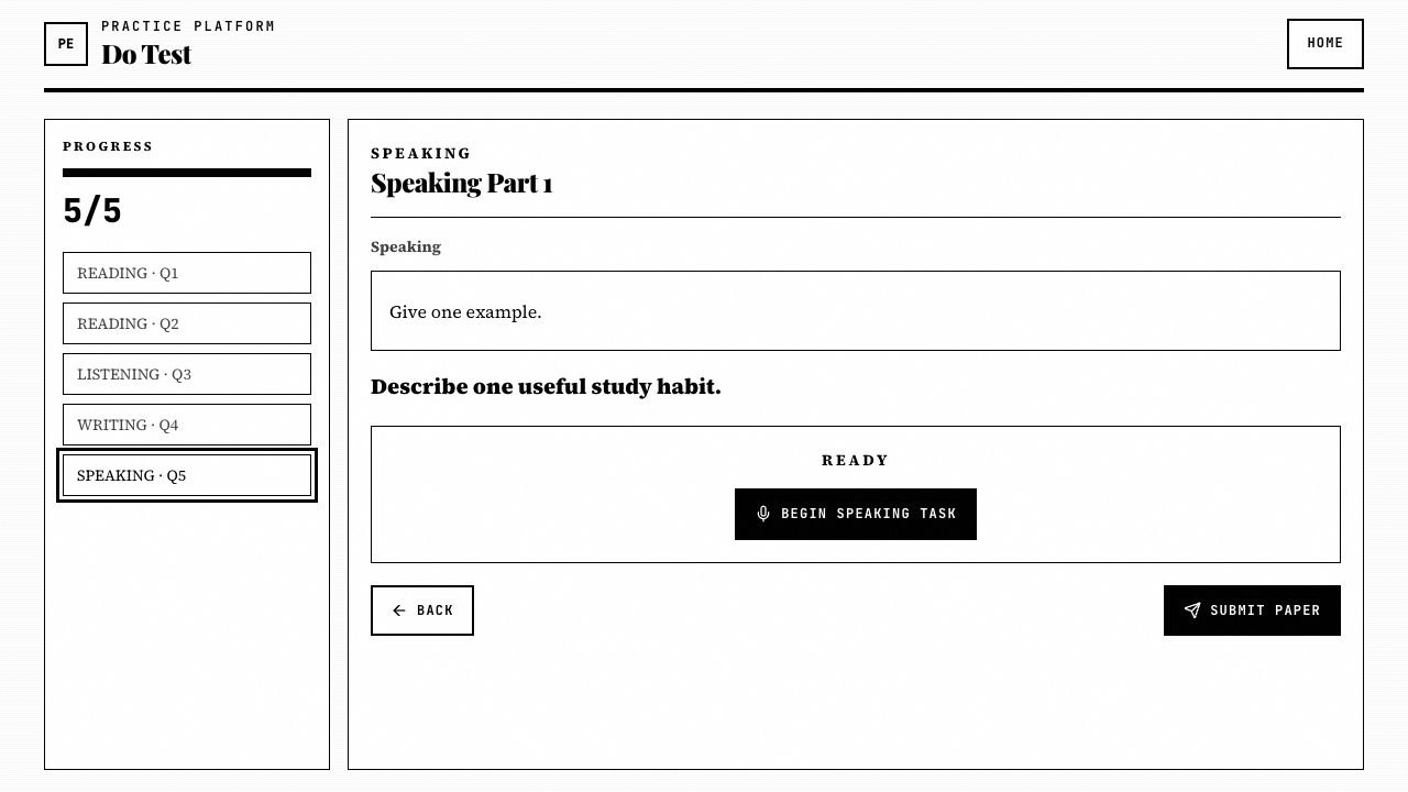 Speaking task with fixed response workflow and no manual stop button