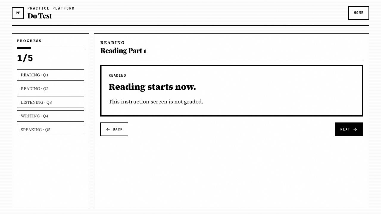 Candidate runner with progress navigation and an instruction screen